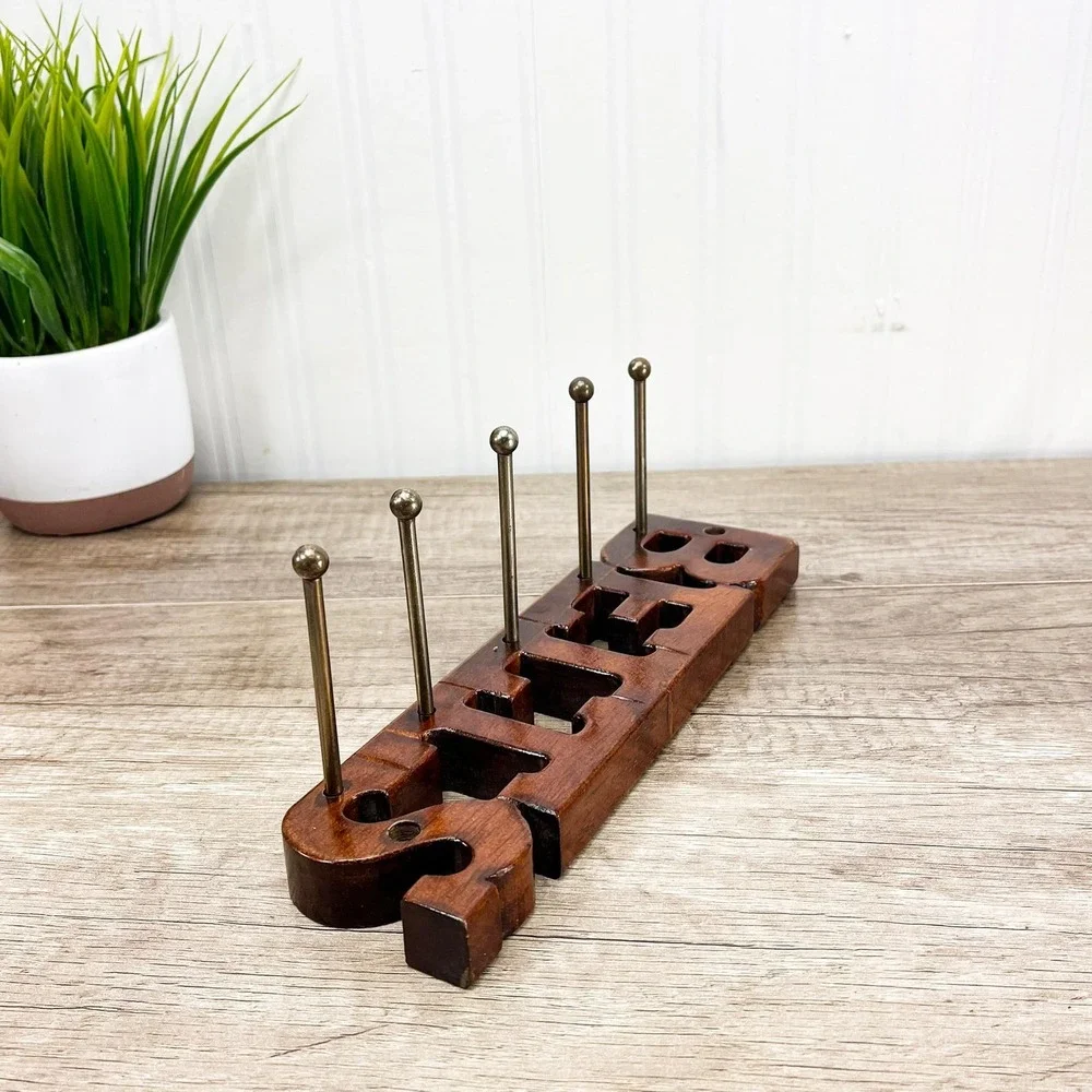 Vintage Wooden Belt Rack: 5 Brass Pegs